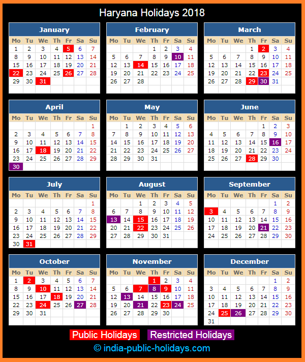 Haryana Holiday Calendar 2018